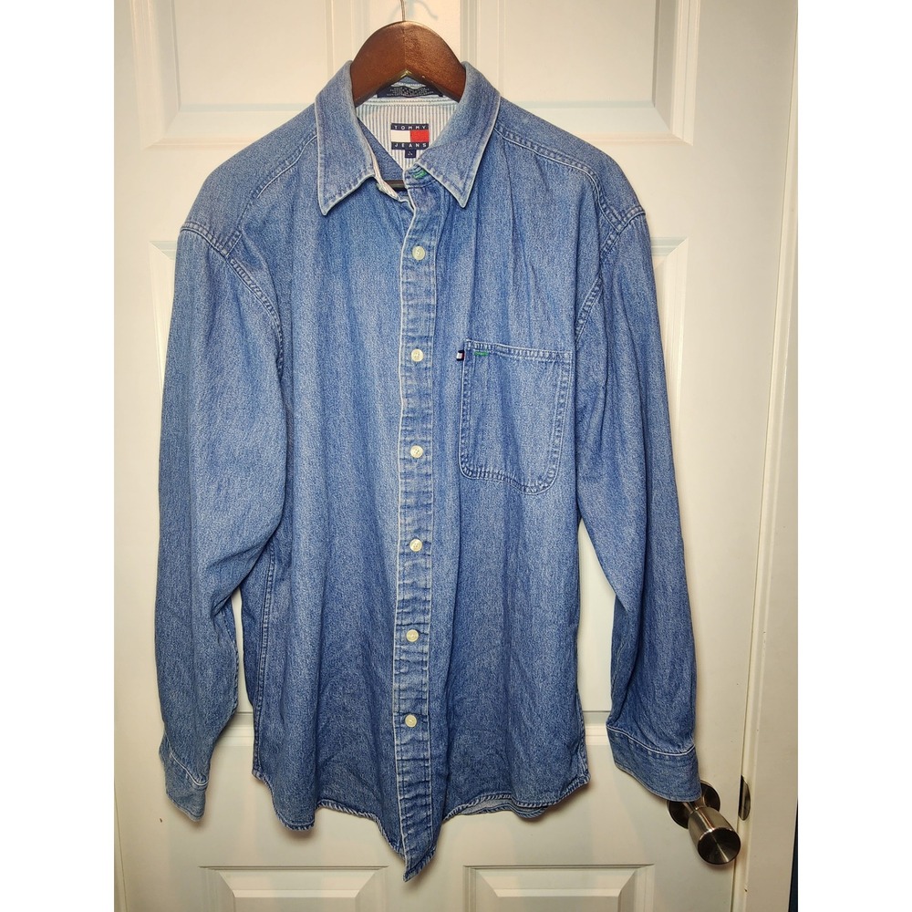 Vintage Tommy Jeans 90s Denim Button Down Shirt Large Blue Flag Logo Long Sleeve